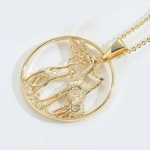 18K Gold Giraffe Family Circular Pendant Bohemian Necklace Nature Zambia Giraffe